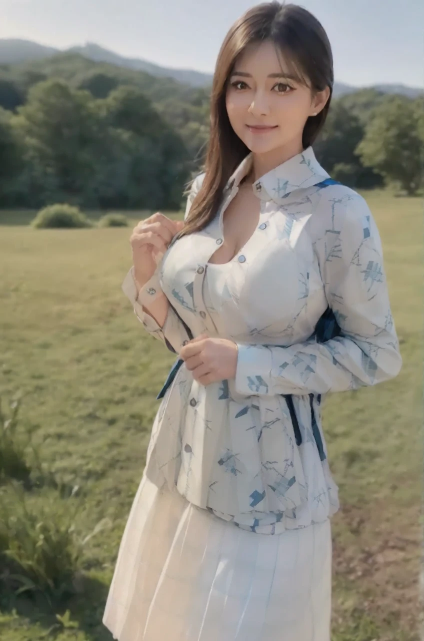 marian rivera,((White collar shirt、Light blue plaid pleated skirt:1.4)、foot, enchanting smile, closed clothes, polite attire, The face of beauty , Because I'm slender , abs:1.4, 30 years old, ((1 girl, alone)), ((full body)), ((huge breasts:1.3)), Breastfeeding A. to, (K, Raw photo, highest quality, Masterpiece 11.4), (realistic, photo-realistic:1.37), (micro:1.4), exposed , ((diamond necKlace)), earrings, glamorous, white sKin, ((in a luxurious hall), looK at viewers, thick brunette hair, long hair, (lit), dynamic pose, (), ((beautiful eyes), erotic, HDR, very detailed, ambient occlusion, nature, harmonious composition, fine art photography, beauty , excellent anatomy, exposed detail