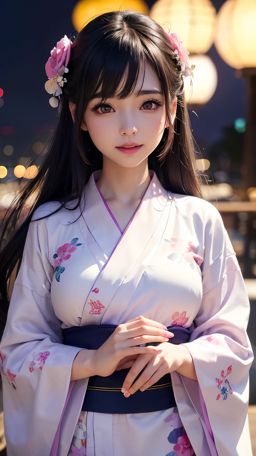 (logo、masterpiece、8K、Tabletop、RAW Photos、wonderful、最high quality、フォトリアリスティックでVery detailedな CG 複合 8K 壁紙、high quality、Very detailed、Narrative poem、Particle Effects、Dynamic Effects、Depth of the Boundary、Cinematic Light、Lens flare、Ray Tracing)、 (One beautiful woman wearing a yukata、White yukata、Light purple pattern)、Black-haired、High definition skin、Very fine、Fine skin texture、Beautiful Face、True Face、Beautiful details in the eyes、Realistic eyes、Beautifully detailed eyes、Realistic Skin、Beautiful Skin、Surreal、Smiling Eyes、Hair and light eyes、vivid、Colorful lights and bokeh、plump lower lip、Pink Lips、Hair flutters in Wind、Hair bounces、wonderful景色、night、evening、Wind、moonlight、moonlight、light
