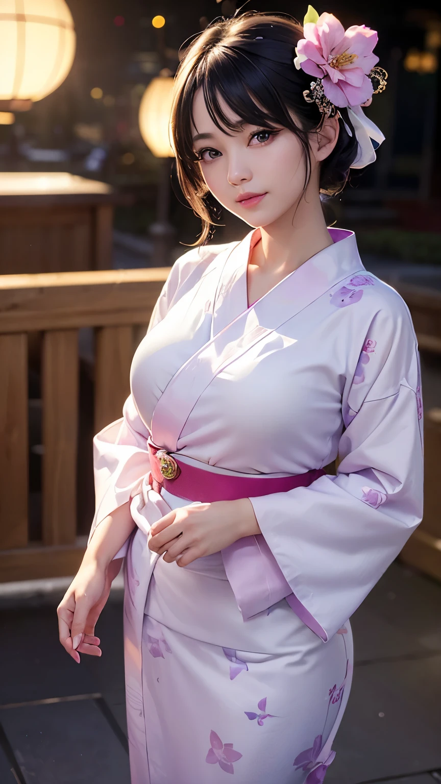 (logo、masterpiece、8K、Tabletop、RAW Photos、wonderful、最high quality、フォトリアリスティックでVery detailedな CG 複合 8K 壁紙、high quality、Very detailed、Narrative poem、Particle Effects、Dynamic Effects、Depth of the Boundary、Cinematic Light、Lens flare、Ray Tracing)、 (One beautiful woman wearing a yukata、White yukata、Light purple pattern)、Black-haired、High definition skin、Very fine、Fine skin texture、Beautiful Face、True Face、Beautiful details in the eyes、Realistic eyes、Beautifully detailed eyes、Realistic Skin、Beautiful Skin、Surreal、Smiling Eyes、Hair and light eyes、vivid、Colorful lights and bokeh、plump lower lip、Pink Lips、Hair flutters in Wind、Hair bounces、wonderful景色、night、evening、Wind、moonlight、moonlight、light