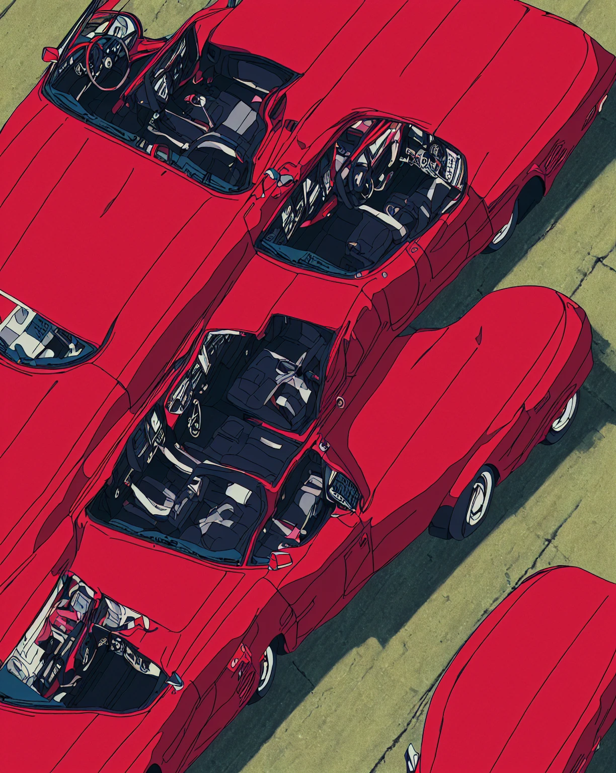 there is a red car with a leather seat and steering wheel, top view of convertible, top down perspective, top down view, highly detailed hyper real retro, details and vivid colors, top down perspecrive, top down photo, hyperrealistic fall, photorealistic details content, fine details 8k octane rendering, top-down view, top - down view