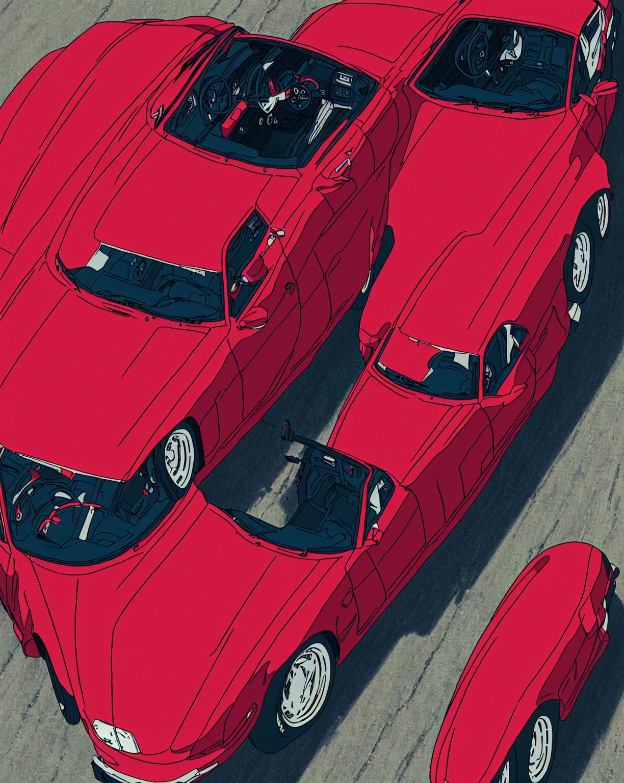 there is a red car with a leather seat and steering wheel, top view of convertible, top down perspective, top down view, highly detailed hyper real retro, details and vivid colors, top down perspecrive, top down photo, hyperrealistic fall, photorealistic details content, fine details 8k octane rendering, top-down view, top - down view