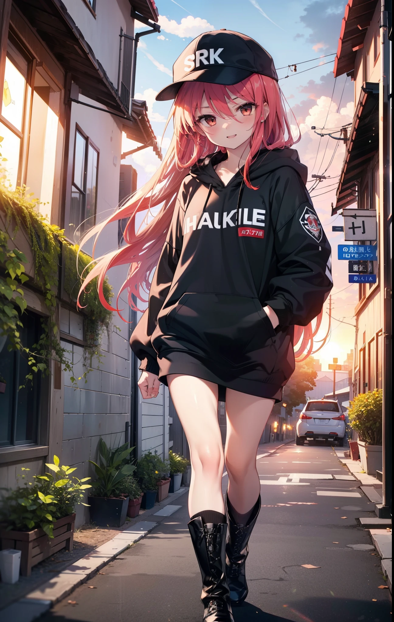 Shana,灼眼のShana,Long Hair, Redhead, Red eyes,happy smile, smile, Open your mouth,Baseball cap,Oversized black hoodie,Black long skirt,short boots,evening,Sunset,The sun is setting,walking,whole bodyがイラストに入るように, break outdoors, construction area, break looking at viewer, whole body, break (masterpiece:1.2), Highest quality, High resolution, unity 8k wallpaper, (shape:0.8), (Beautiful attention to detail:1.6), Highly detailed face, Perfect lighting, Highly detailed CG, (Perfect hands, Perfect Anatomy),