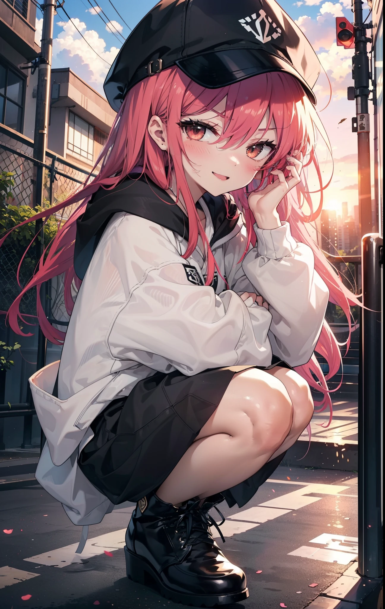 Shana,灼眼のShana,Long Hair, Redhead, Red eyes,happy smile, smile, Open your mouth,Baseball cap,Oversized black hoodie,Black long skirt,short boots,evening,Sunset,The sun is setting,walking,whole bodyがイラストに入るように, break outdoors, construction area, break looking at viewer, whole body, break (masterpiece:1.2), Highest quality, High resolution, unity 8k wallpaper, (shape:0.8), (Beautiful attention to detail:1.6), Highly detailed face, Perfect lighting, Highly detailed CG, (Perfect hands, Perfect Anatomy),