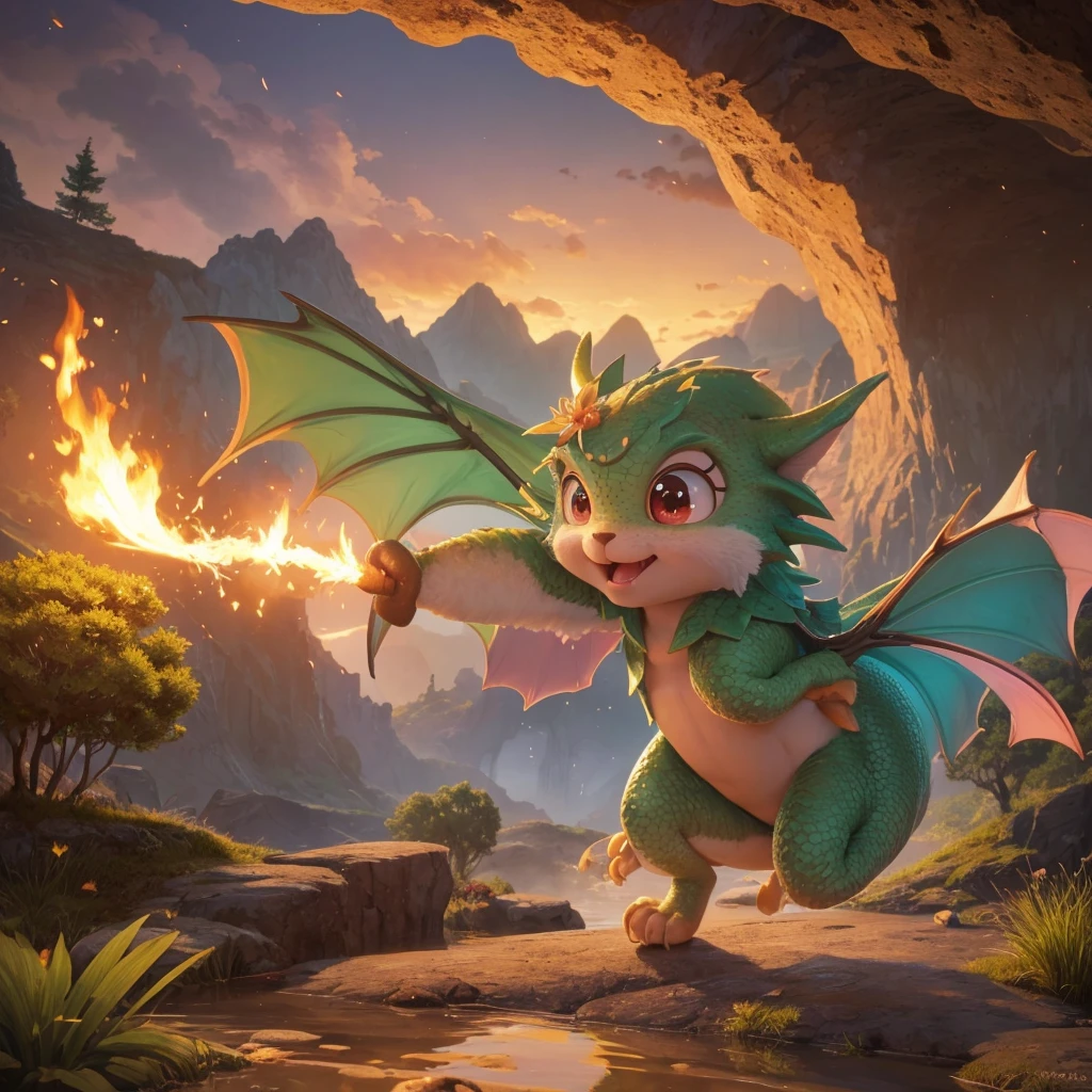 Create an original "yuru-chara" mascot character inspired by a baby dragon. The character should be a small, round dragon with soft, pastel-colored scales and tiny wings. It has big, curious eyes and a playful smile. The dragon is wearing a tiny, cute hat and has a little flame coming from its mouth. The character exudes a playful and adventurous personality, making it perfect for a fantasy-themed park or story. The background should be a simple magical cave or mountain setting.