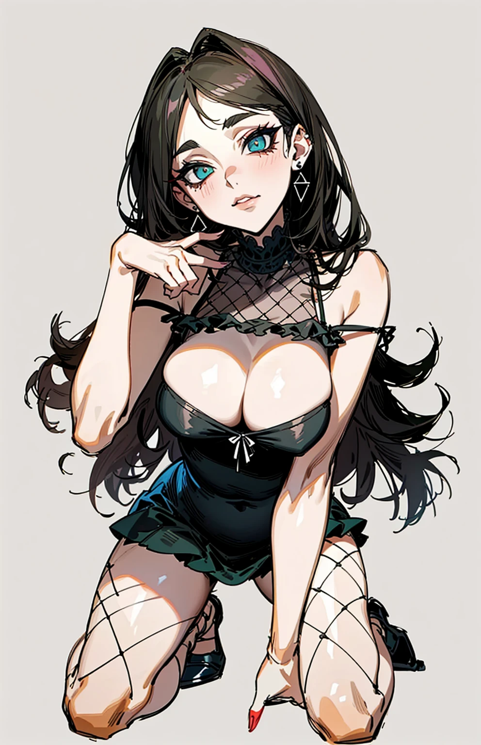 (best quality,masterpiece:1.2,detailed details,4k),((masterpiece)), ((best quality)), (ultra-detailed), anime style,large breast, slim, slender, ashamed, all fours ,Kneeling,Girl with modern gothic makeup, fair skin, long legs, black eyeshadow, camisole, plump figure, earrings and lip studs, fishnet stockings, posing in an attractive pose, lovable expression