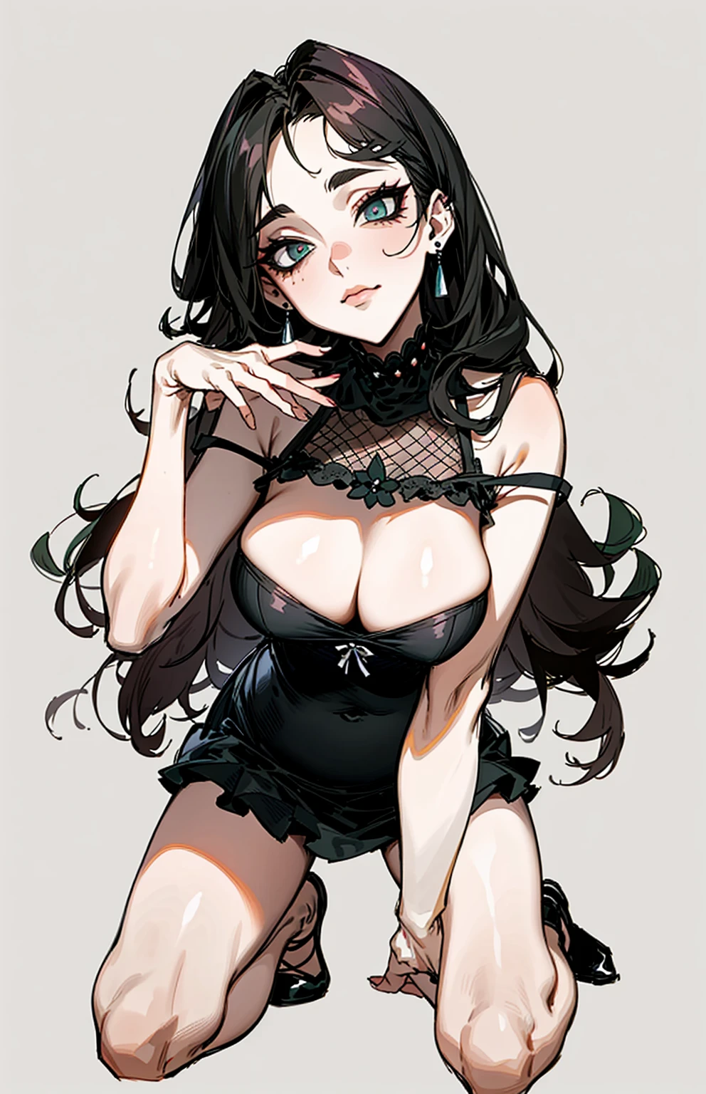 （best quality，masterpiece：1.2，detailed details，4k），((masterpiece)), ((best quality)), (ultra-detailed), anime style,large breast, slim, slender, ashamed,  ，Kneeling,Girl with modern gothic makeup, fair skin, long legs, black eyeshadow, camisole, plump figure, earrings and lip studs, fishnet stockings, posing in an attractive pose, lovable expression