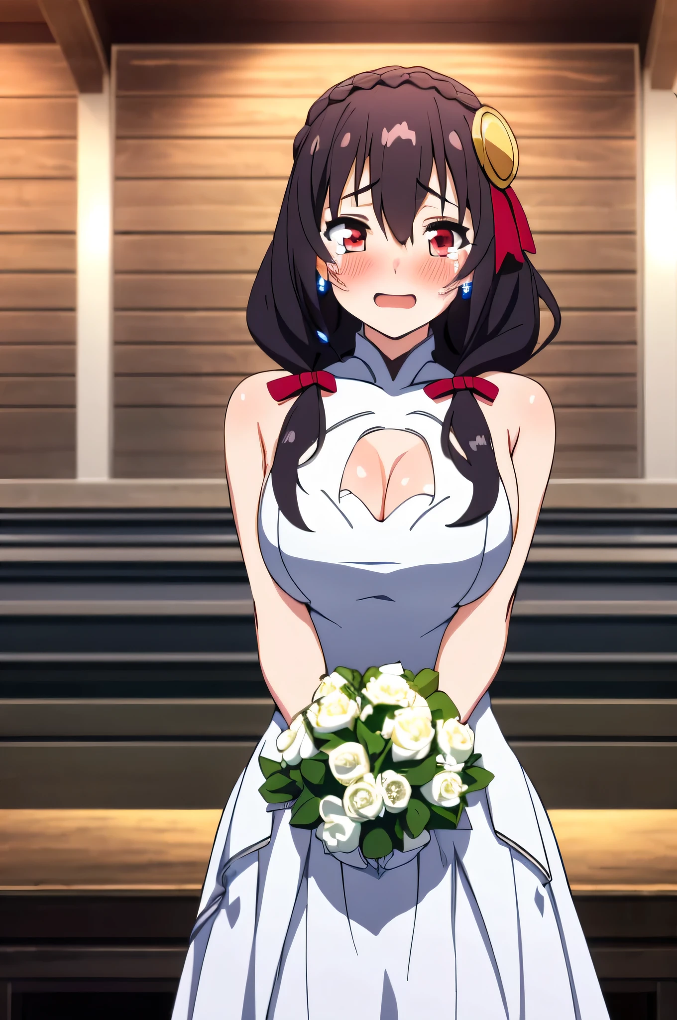 (masterpiece, Highest quality), One girl,    Yunyun,Long Hair,Braiding,Twin tails,Hair between the eyes,Red hair ribbon,hair ornaments,large round breasts,、Black Hair、Red Eyes、(A happy face with tears in its eyes:1.2)、indoor、Crown Blade,(white prom dresses:1.5)、(blush:1.5)、cowboy shot