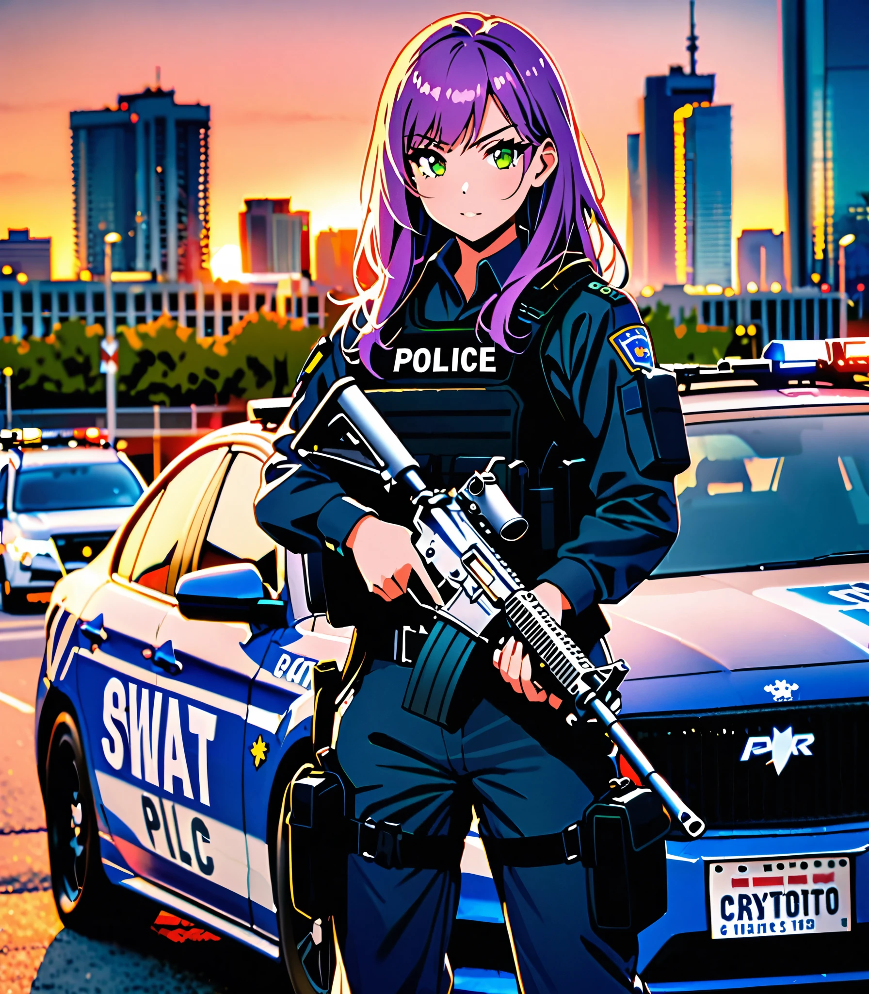 ((masterpiece, best quality)), 1girl, solo focus, canadian police officer, SWAT uniform, SWAT gear, pants, purple hair with blue accents, long hair, green eyes, perfect hands, complete fingers, holding weapon, m4 carbine, in front of a patrol car, toronto city backdrop, cowboy shot, sunset, pixel-perfect, detail-perfect, curious look on her face, ultra highres, absurdres, beautiful face, detailed eyes, symmetric eyes, perfect body, good proportions