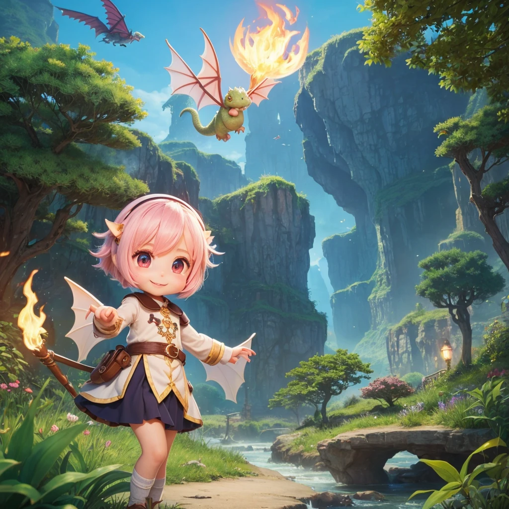 Create an original "yuru-chara" mascot character inspired by a baby dragon. The character should be a small, round dragon with soft, pastel-colored scales and tiny wings. It has big, curious eyes and a playful smile. The dragon is wearing a tiny, cute hat and has a little flame coming from its mouth. The character exudes a playful and adventurous personality, making it perfect for a fantasy-themed park or story. The background should be a simple magical cave or mountain setting.