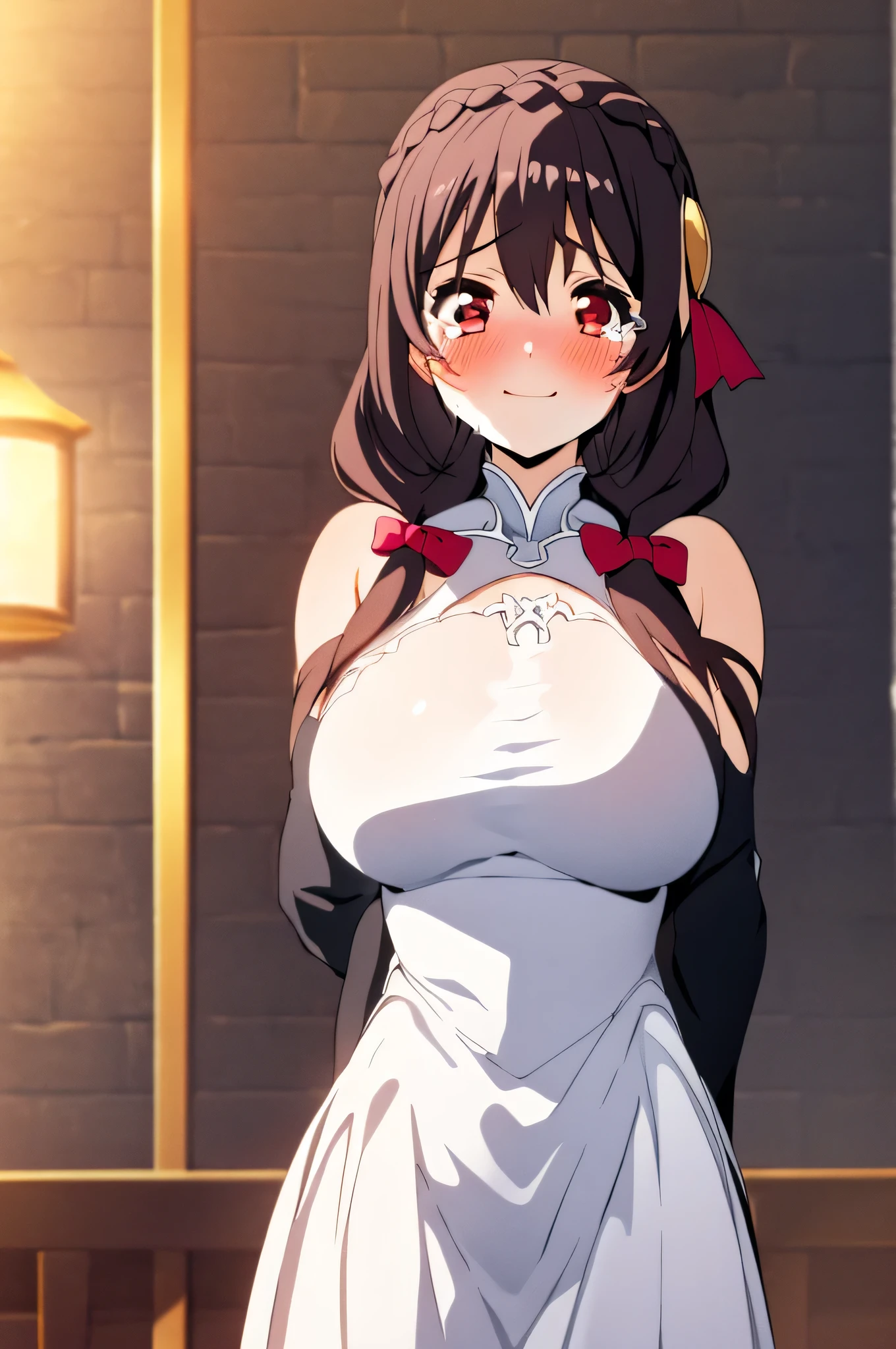 (masterpiece, Highest quality), One girl,    Yunyun,Long Hair,Braiding,Twin tails,Hair between the eyes,Red hair ribbon,hair ornaments,large round breasts,、Black Hair、Red Eyes、(A happy face with tears in its eyes:1.2)、indoor、Crown Blade,(white prom dresses:1.5)、(blush:1.5)、cowboy shot