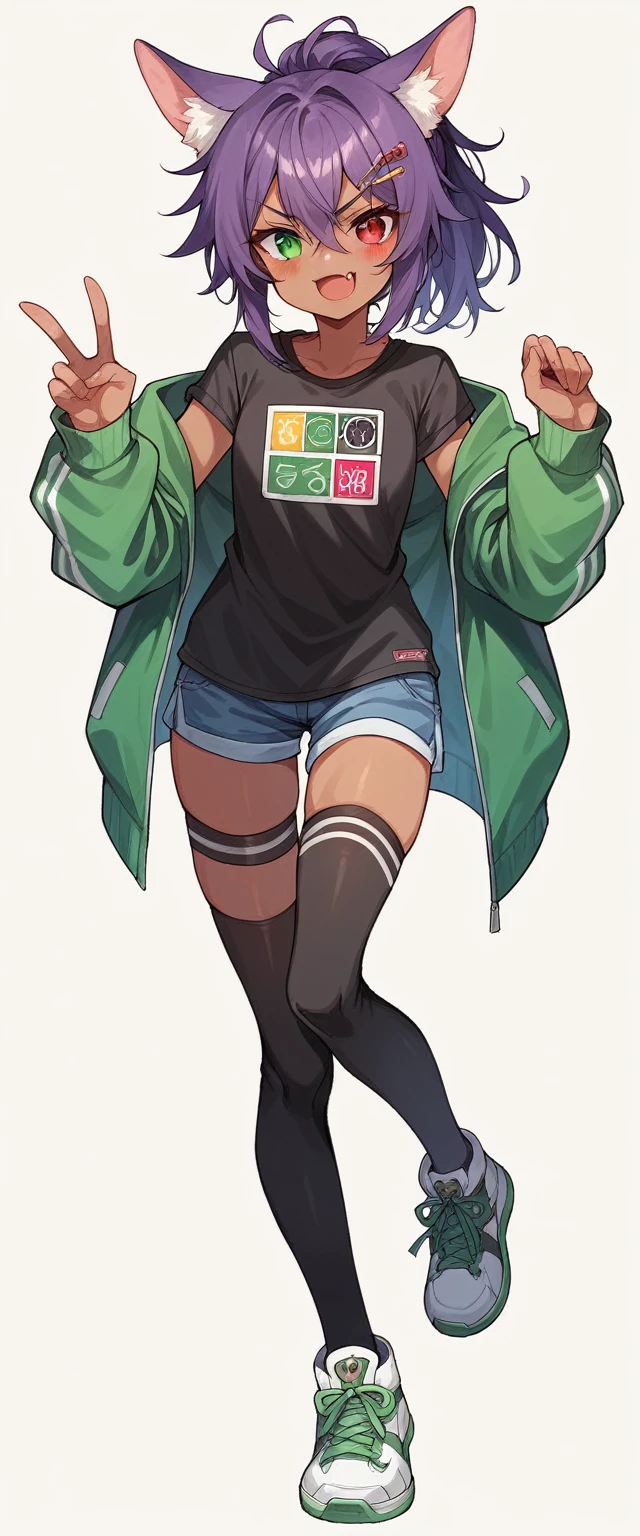 highres,1girl,animal ears,KEMOMIMI,bangs,blush,heterochromia,red eye,green eye,red and green odd eyes,open mouth,fang,dark-skinned female,hair between eyes,hair ornament,hairclip,looking at viewer,smile,solo,v-shaped eyebrows,ponytail,Short messy hair,purple hair,two or more colors,thighhighs,button badge,black shirt,multicolored jacket,sneakers,white background,simple background