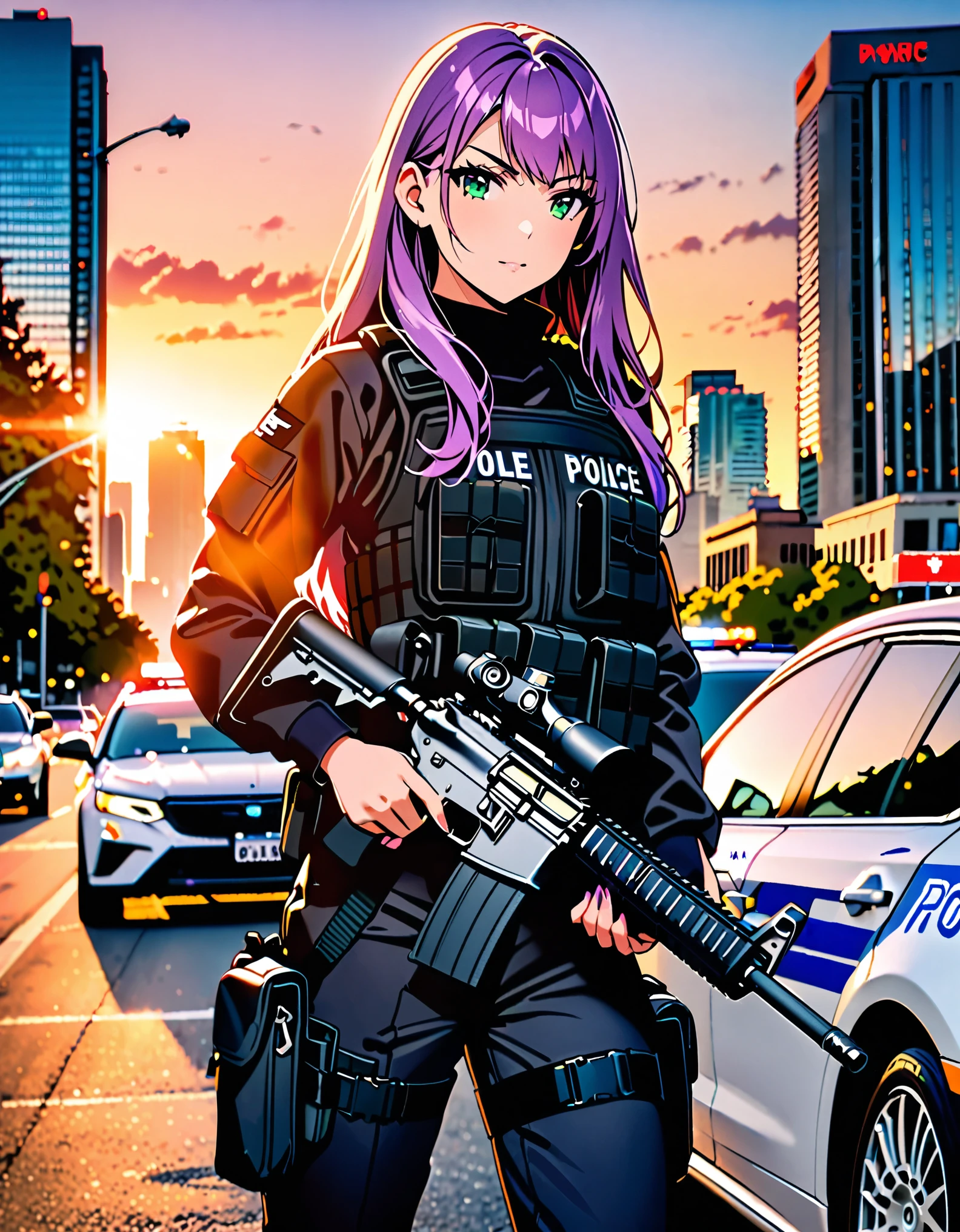 ((masterpiece, best quality)), 1girl, solo focus, canadian police officer, SWAT uniform, SWAT gear, pants, purple hair with blue accents, long hair, green eyes, perfect hands, complete fingers, holding weapon, m4 carbine, in front of a patrol car, toronto city backdrop, cowboy shot, sunset, pixel-perfect, detail-perfect, curious look on her face, ultra highres, absurdres, beautiful face, detailed eyes, symmetric eyes, perfect body, good proportions