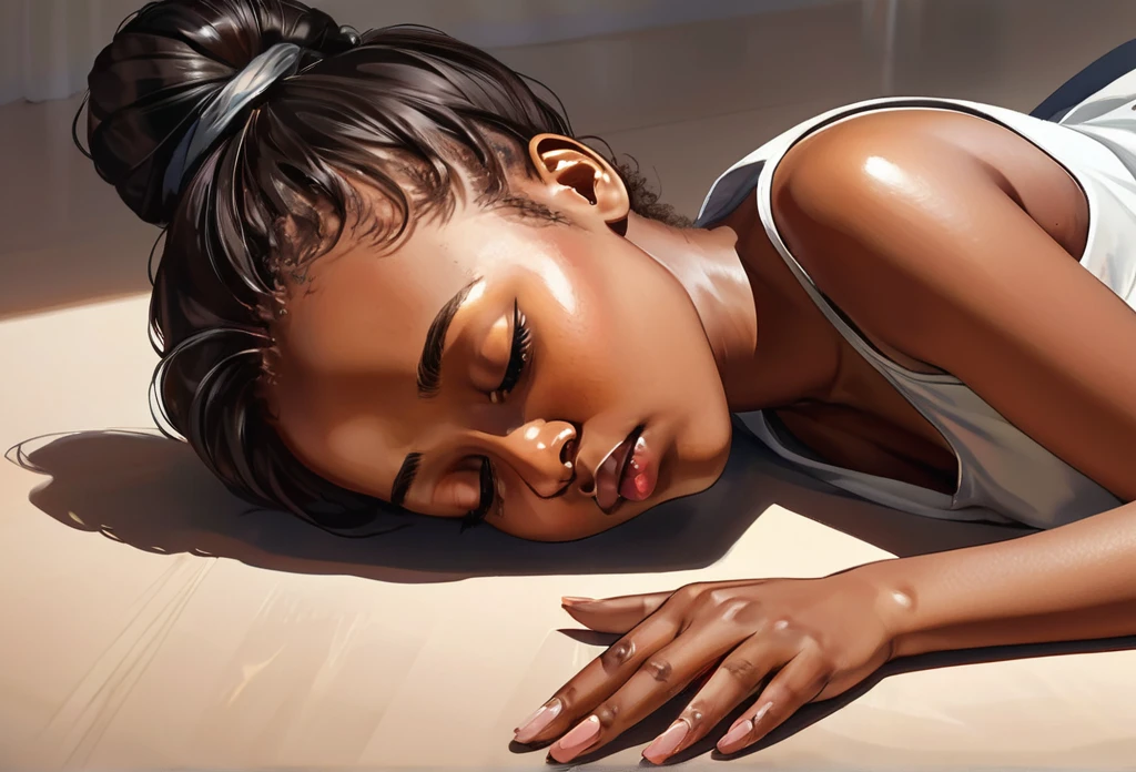A young African lady fainted on the floor, one side of her face dropped, stroke symptoms. (masterpiece best quality:1.2) delicate illustration ultra-detailed, indoor