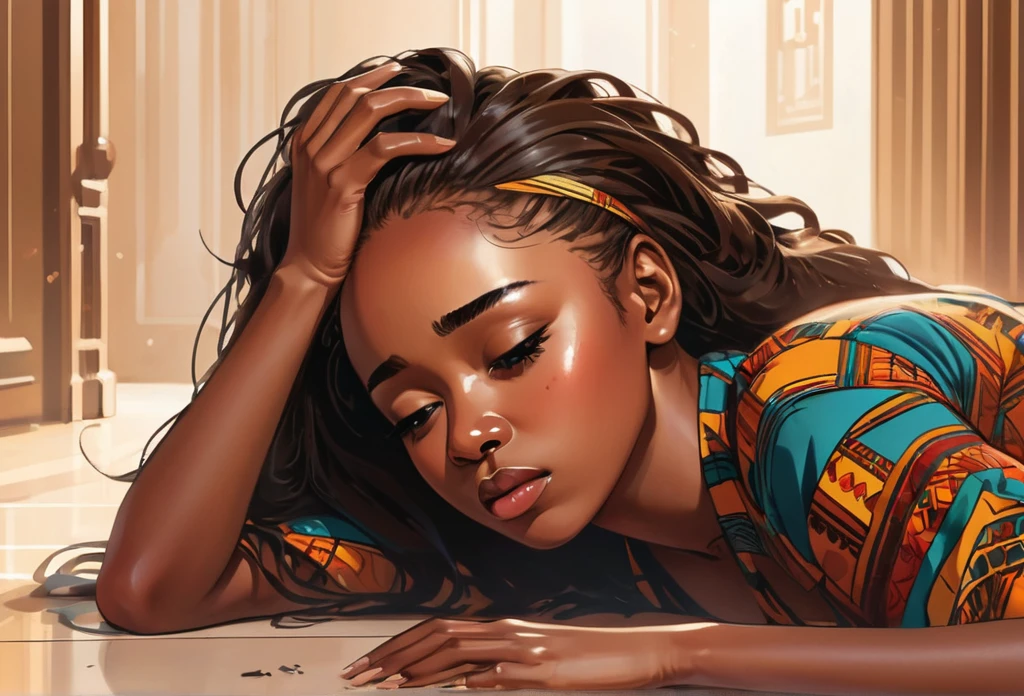 A young African lady fainted on the floor, one side of her face dropped, stroke symptoms. (masterpiece best quality:1.2) delicate illustration ultra-detailed, indoor