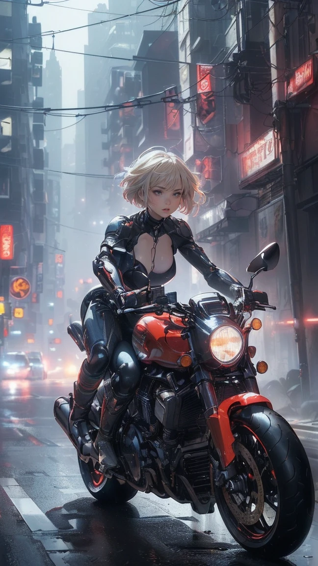 (Female cyborg on a bike)(((8K.HDR.Hyperrealism、Masterpiece 1.2、wlop1、Cinematic、Further content、Live Photo 1.2、Highest quality 1.2、Ultra high definition、Very detailed、Perfect Shading、Face close-up 1.2、1 photo、Commercial Photo 1.2、50mm、Film Grain、sf)))、(((Cyborg riding a red bike、))(Mechanical joints:1.2)、((Mechanical Limbs))、(Blood vessels connected to tubes)、(Mechanical vertebrae attached to the back),((Mechanically connects the cervical spine to the neck),No facial expression,(Wires and cables attached to the neck:1.2)、(Head wires and cables:1.2)、(Focus on the characters)、(Rider Suit、Buildings at night、Buildings at night、Impressive night view、Cyberpunk World、Riding on motorcycle、Riding on motorcycle)、、(Focus on the characters、Angle from the side)、(White skin、Blonde、short hair、No bangs)