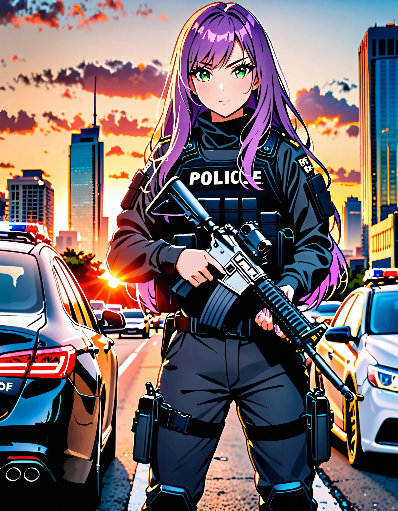 ((masterpiece, best quality)), 1girl, solo focus, canadian police officer, SWAT uniform, SWAT gear, pants, purple hair with blue accents, long hair, green eyes, perfect hands, complete fingers, holding weapon, m4 carbine, in front of a patrol car, toronto city backdrop, cowboy shot, sunset, pixel-perfect, detail-perfect, curious look on her face, ultra highres, absurdres, beautiful face, detailed eyes, symmetric eyes, perfect body, good proportions