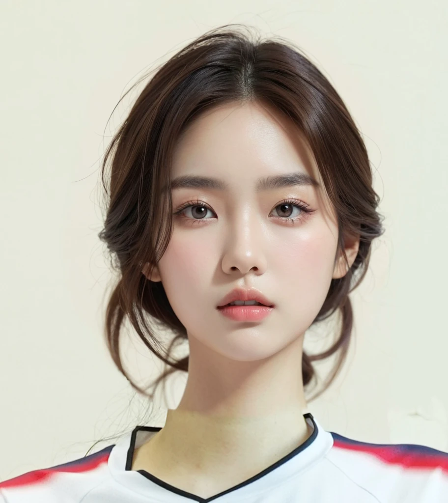 （In reality， high resolution：1.3, masterpiece, 8K, best quality, studio shoot, photo realistic:1.4, photography), korean girl looking at camera,((Dark Brown Hair)), Detailed skin, Detailed Lips, Detailed  eyes, normal hand, simple background 