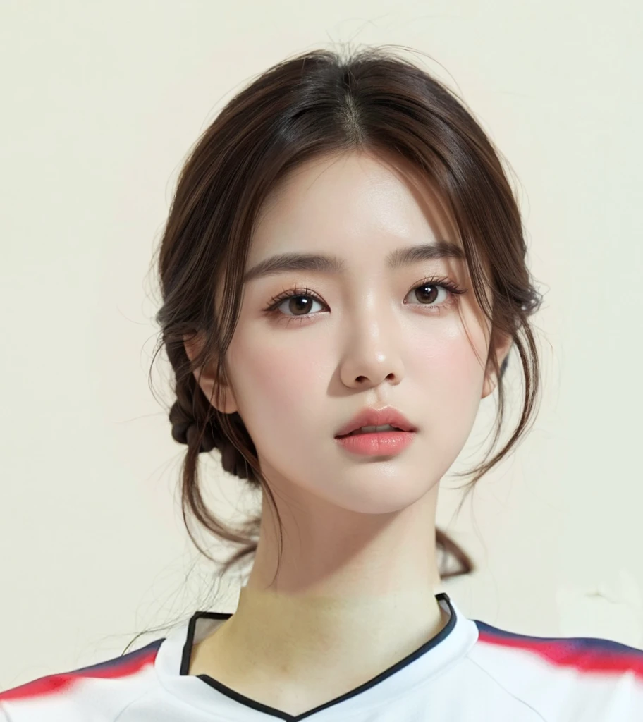 （In reality， high resolution：1.3, masterpiece, 8K, best quality, studio shoot, photo realistic:1.4, photography), korean girl looking at camera,((Dark Brown Hair)), Detailed skin, Detailed Lips, Detailed  eyes, normal hand, simple background 