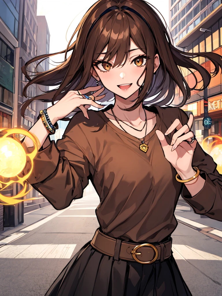 (masterpiece), best quality, expressive eyes, highres, perfect eyes, perfect face, perfect hands, 1girl, genie, zodiac, shirt over 1 shoulder, Brown shirt, long sleeves, necklace, long Brown hair, city background, headband, Brown eyes, Brown skirt, medium bust, rings, bracelets, charismatic, crazy face, crazy eyes, crazy smile, perfect anatomy, half body, cowboy shot,