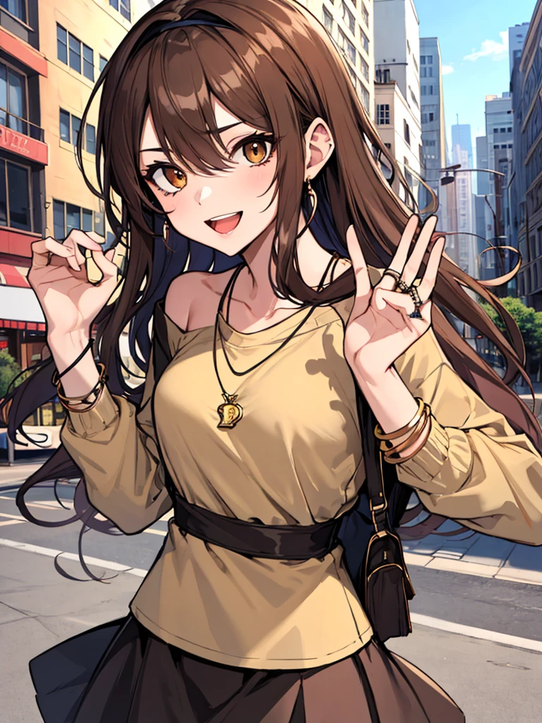 (masterpiece), best quality, expressive eyes, highres, perfect eyes, perfect face, perfect hands, 1girl, genie, zodiac, shirt over 1 shoulder, Brown shirt, long sleeves, necklace, long Brown hair, city background, headband, Brown eyes, Brown skirt, medium bust, rings, bracelets, charismatic, crazy face, crazy eyes, crazy smile, perfect anatomy, half body, cowboy shot,