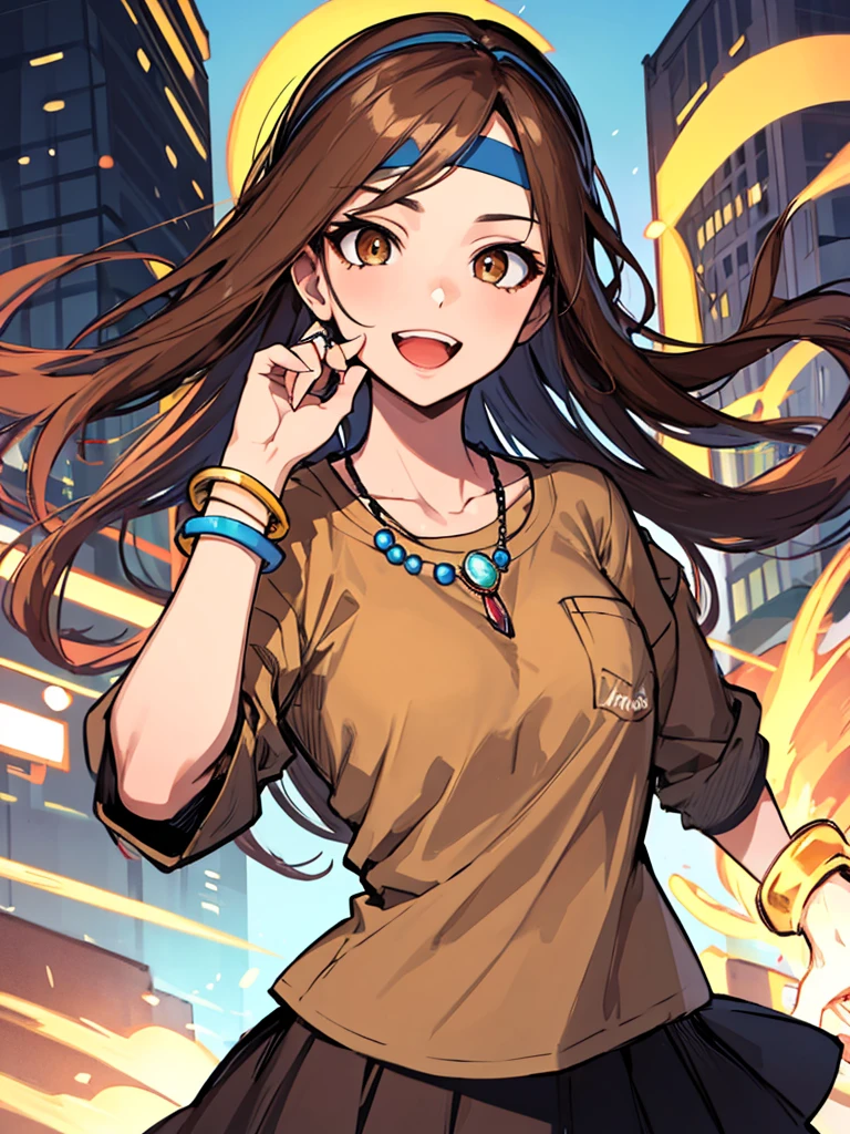 (masterpiece), best quality, expressive eyes, highres, perfect eyes, perfect face, perfect hands, 1girl, genie, zodiac, shirt over 1 shoulder, Brown shirt, long sleeves, necklace, long Brown hair, city background, headband, Brown eyes, Brown skirt, , rings, bracelets, charismatic, crazy face, crazy eyes, crazy smile, perfect , half body, cowboy shot, 