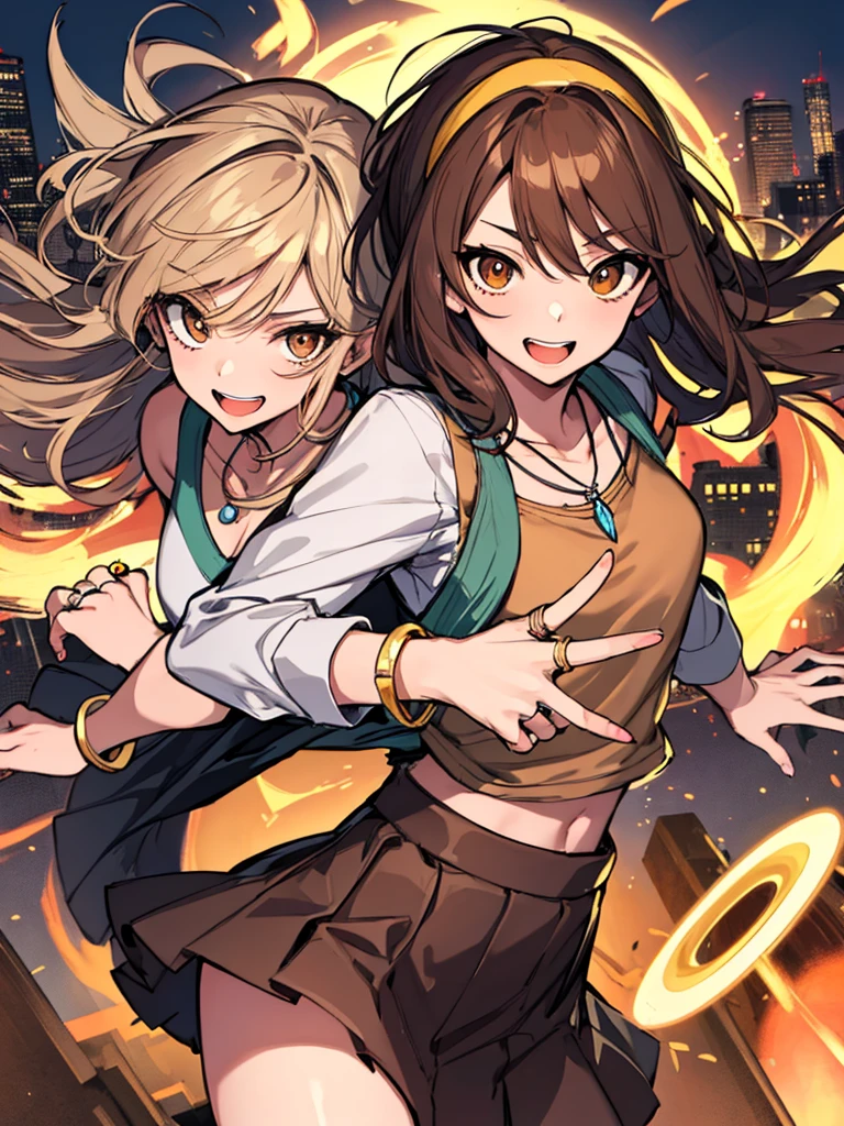 (masterpiece), best quality, expressive eyes, highres, perfect eyes, perfect face, perfect hands, 1girl, genie, zodiac, shirt over 1 shoulder, Brown shirt, long sleeves, necklace, long Brown hair, city background, headband, Brown eyes, Brown skirt, medium bust, rings, bracelets, charismatic, crazy face, crazy eyes, crazy smile, perfect , half body, cowboy shot, 