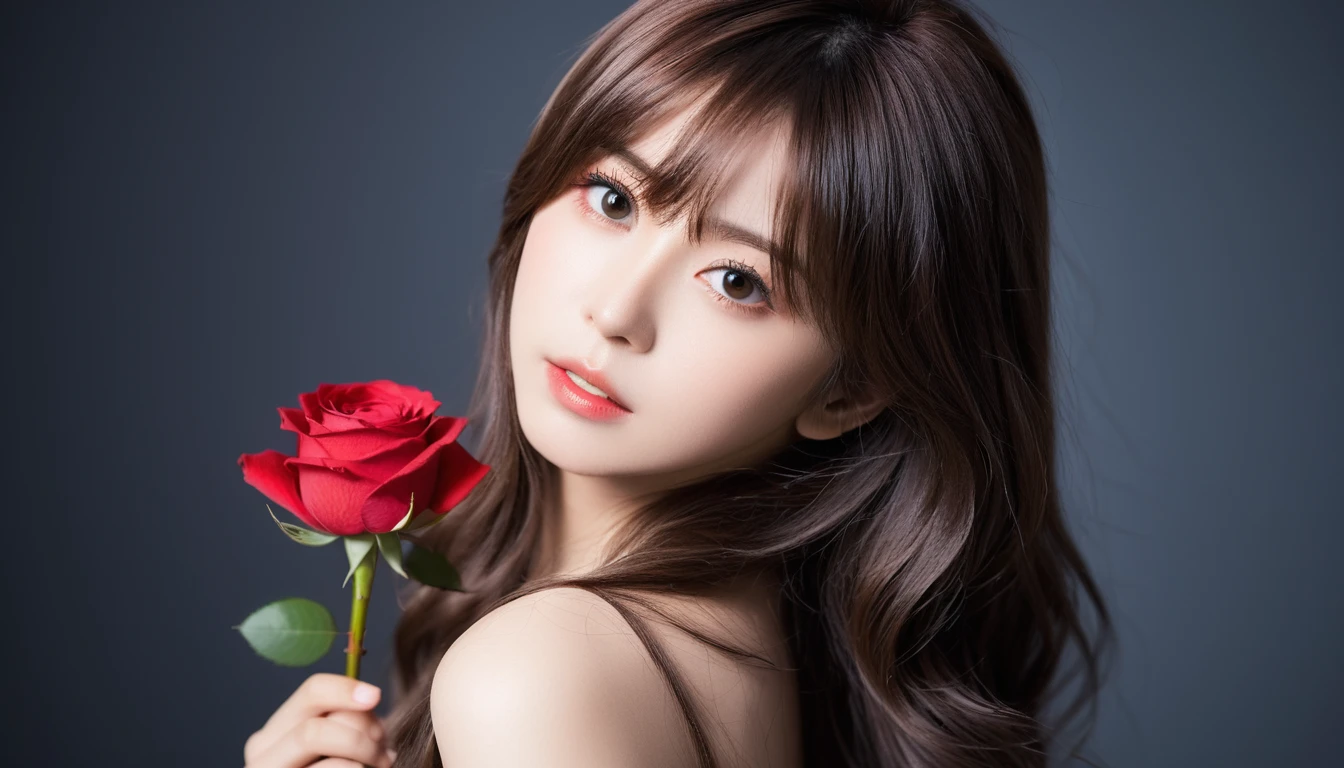 best quality, masterpiece,
japanese idol girl, looking at viewer, long hair, Headshots, hold a rose with one hand, enlargement, very beautiful detailed face, medium chest, (Cute face, looks tempting), eye level,
professional photos, high contrast exposure, soft bokeh, high key light, solid shadow, Photo realism