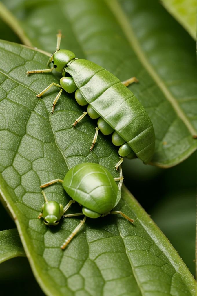 a close up view of a green silkworm crawling on a leaf