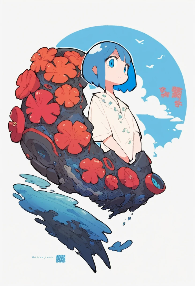 Girl, blue hair, medium hair, blue eyes, joint, hawaii without style, blue hawaii, short hair