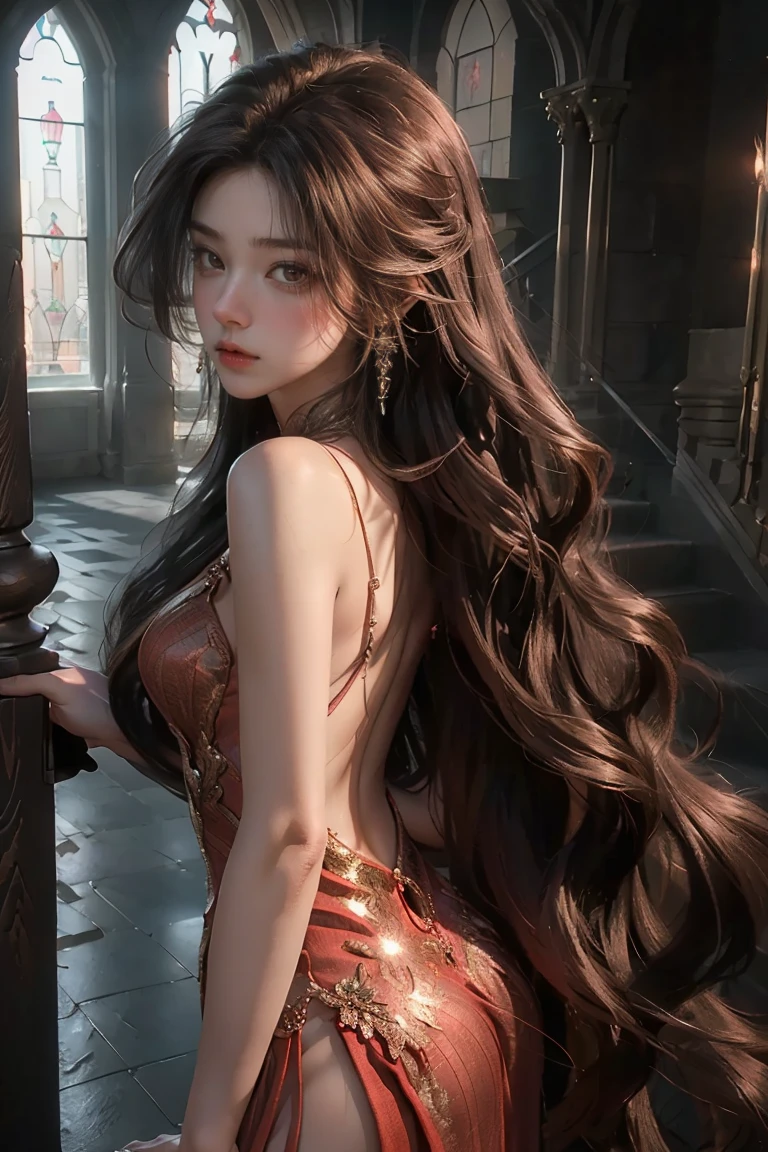 ((masterpiece, best quality, Highest image quality, high resolution, Reality, RAW photos, 8K)), woman in evening dress, (Long hair combed back, Gemstone hair accessories, Long glove, Glass shoes, Bare shoulders, Bare back), Looking back halfway up the broad staircase leading to the castle, Watch from above, with see through bickny