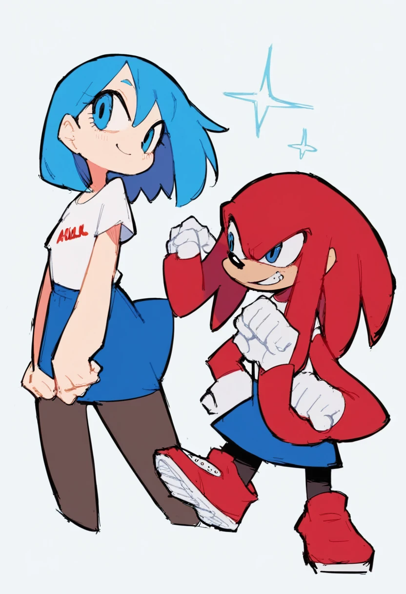 Girl, short blue hair, smiling, knuckles, blue eyes, white t-shirt, blue skirt, pantyhose.