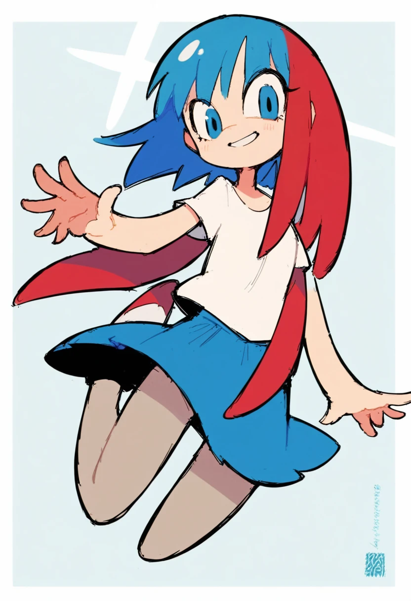 Girl, short blue hair, smiling, knuckles, blue eyes, white t-shirt, blue skirt, pantyhose.