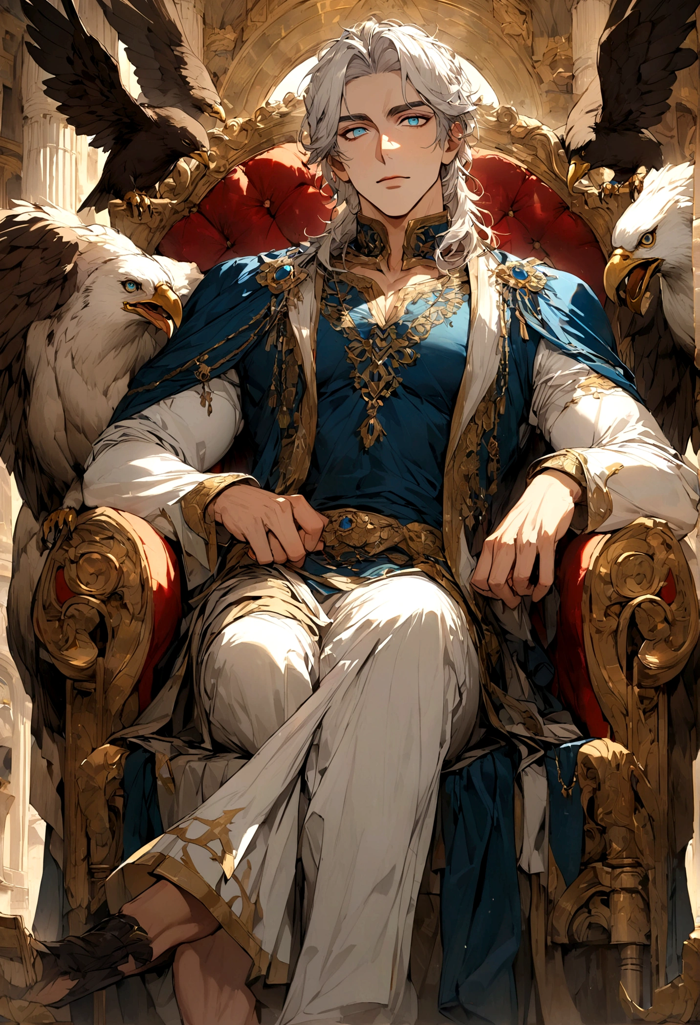 A handsome greek man with white hair, azure eyes and muscular body wearing Greek clothes sat on a throne decorated with eagles and bulls while resting one leg.
His hand is holding a thunderbolt and a lot of thunder brighting around his throne.