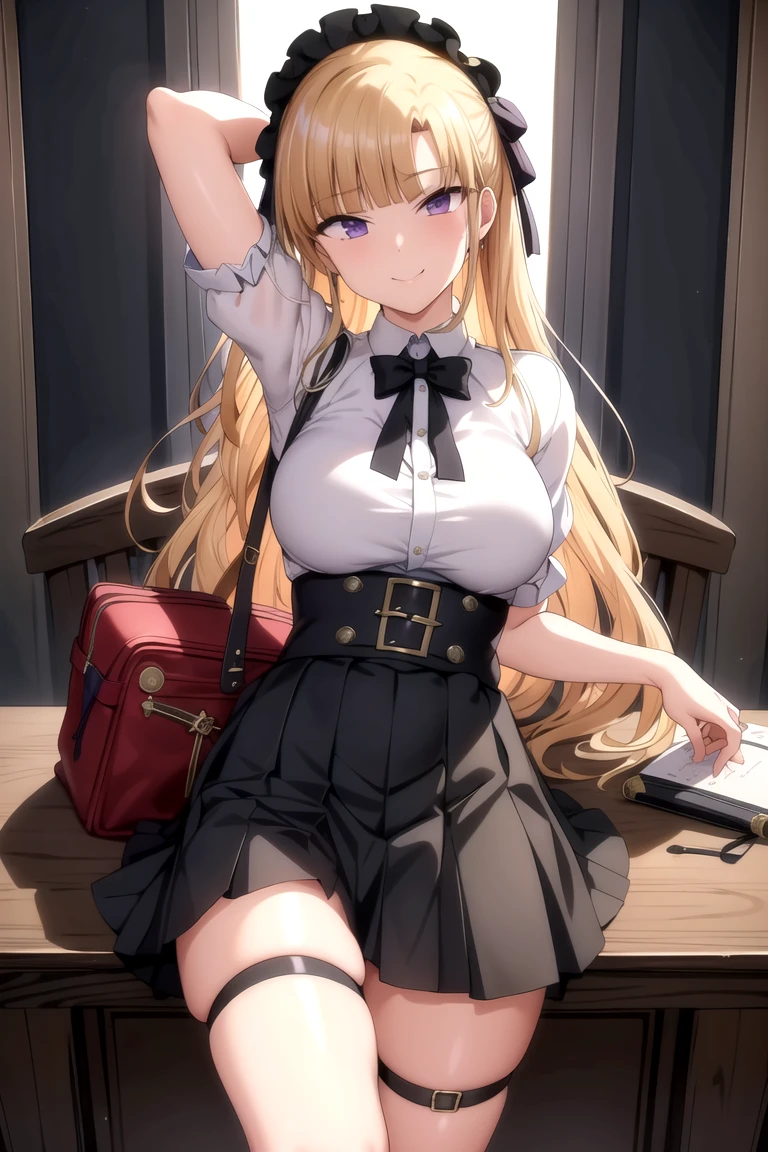 masterpiece, Highest quality, Very detailed , MyjmSkr-KJ, Black Skirt, View your audience, Prostitute's Smile, Pleated skirt, Collared shirt, Long sleeve, classroom、Spread your legs、Panty shot、See-through panties