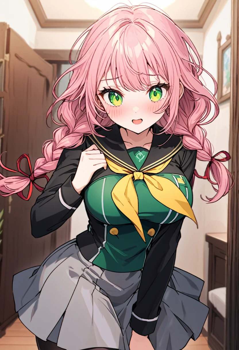 The image is of a beautiful woman wearing a tight fitting uniform. The woman has long flowing pink hair with strands of braided hair tied with red ribbon throughout. She has gorgeous green eyes that shine like emeralds. Her face is youthful and gorgeous. Her breasts are ample and seem too large for her uniform. She is short in height but well developed -a short stack. She blushes as you look at her. She's standing in your bedroom and is excited to be with you. The image is ultra detailed with gorgeous colors, perfect line work, and detailed shading. YasogamiFemaleWinter, black shirt, long sleeves, black sailor collar, yellow neckerchief, grey skirt, black thighhighs