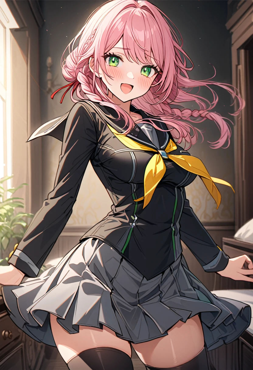 The image is of a beautiful woman wearing a tight fitting uniform. The woman has long flowing pink hair with strands of braided hair tied with red ribbon throughout. She has gorgeous green eyes that shine like emeralds. Her face is youthful and gorgeous. Her breasts are ample and seem too large for her uniform. She is short in height but well developed -a short stack. She blushes as you look at her. She's standing in your bedroom and is excited to be with you. The image is ultra detailed with gorgeous colors, perfect line work, and detailed shading. YasogamiFemaleWinter, black shirt, long sleeves, black sailor collar, yellow neckerchief, grey skirt, black thighhighs