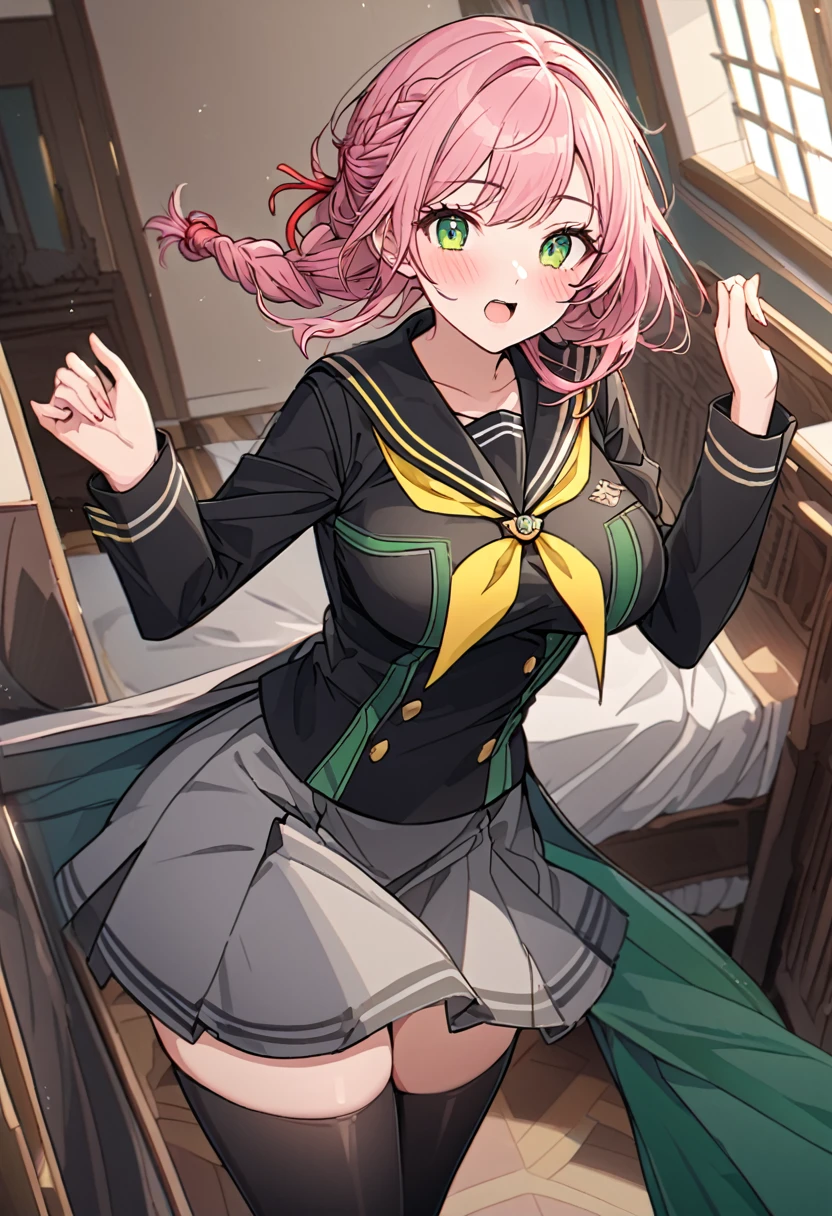 masterpiece, best quality, ultra-detailed, Potrait of beautiful MitsuruDS, solo, demon_slayer_uniform, smile, long_sleeves, looking_at_viewer, japanese_clothes, breasts, haori, cleavage, closed_mouth, jacket, large_breasts, open_clothes, skirt, belt, black_skirt, pleated_skirt, thighhighs, green_thighhighs, zettai_ryouiki, volumetric lighting, best quality, masterpiece, intricate details, tonemapping, sharp focus, hyper detailed, trending on Artstation, pink hair with greeb bottom hair, pink hair, greeb bottom hair, kimetsu no yaiba,