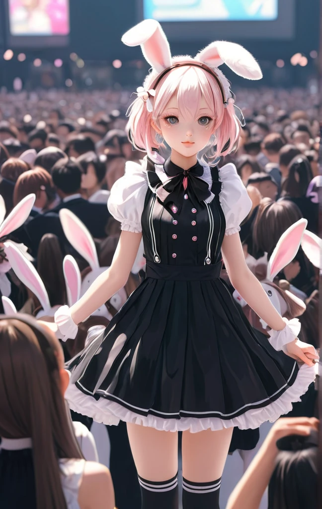 anime girl with bunny ears and a black dress in front of a crowd of people, bunny girl, decora inspired illustrations, zerochan art, trending on artstation pixiv, official artwork, by Shinoda Toko, digital art on pixiv, pixiv style, clean detailed anime art, splash art anime , top rated on pixiv