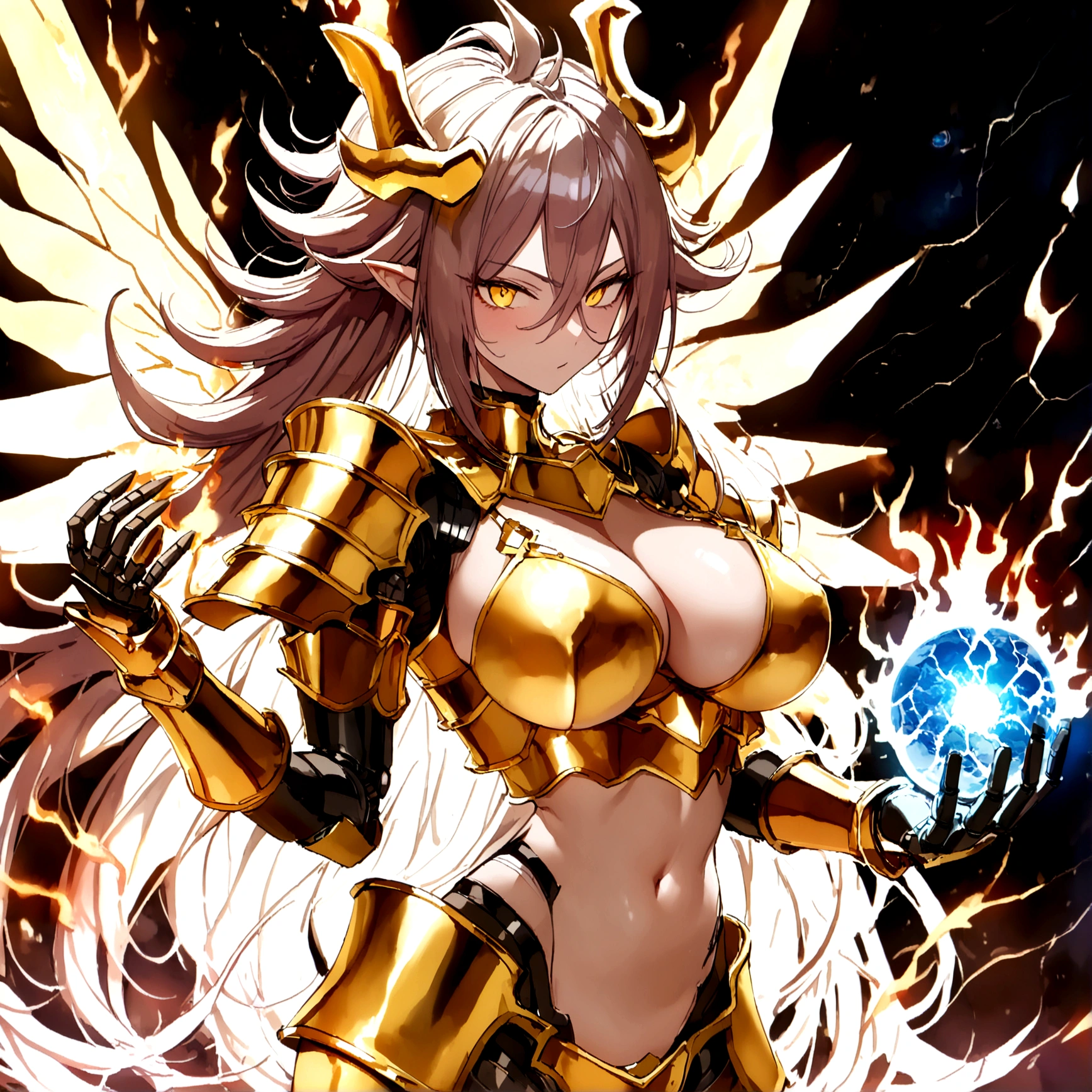 ((Lightning Power)), ((Electricity)), ((Fire Background)), ((Lightning Storm)), ((Power Erupting)), (((((android 21))))), ((((PLANET Rasengan)))), (((Evil Power))), (((white Coat))), ((())), (((((Big :1,3)))), luxury bustier corset, (((silver hair))), (((Very slim waist))), propotional body, ((Gorgeous)), (((Fire Blazing Horns))), ((((gold wings))), masterpiece, hyperdetail, ambient effect, digital effect, (((Fire Gold Bikini Armor))), (((Lightning Gold Wings)))