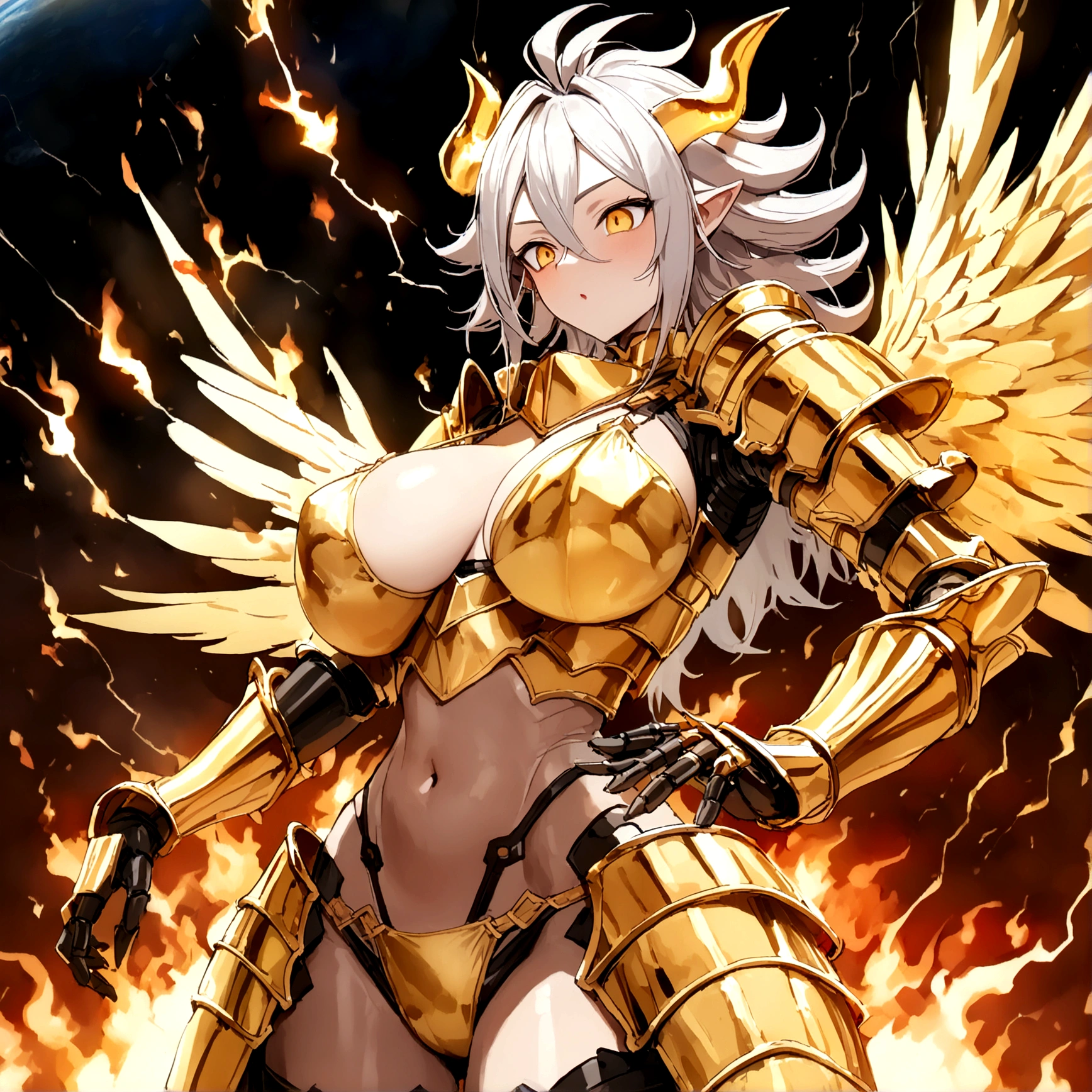 ((Lightning Power)), ((Electricity)), ((Fire Background)), ((Lightning Storm)), ((Power Erupting)), (((((android 21))))), ((((PLANET Rasengan)))), (((Evil Power))), (((white Coat))), (((Busty))), (((((Big breast:1,3)))), luxury bustier corset, (((silver hair))), (((Very slim waist))), propotional body, ((Gorgeous)), (((Fire Blazing Horns))), ((((gold wings))), masterpiece, hyperdetail, ambient effect, digital effect, (((Fire Gold Bikini Armor))), (((Lightning Gold Wings)))