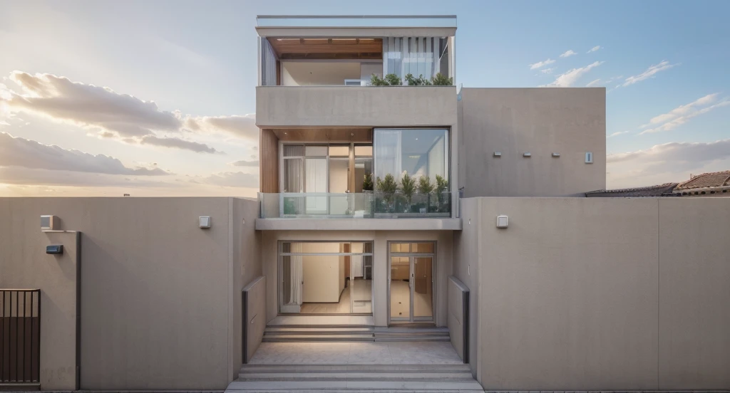 (masterpiece),(high quality), best quality, real,(realistic), super detailed, (full detail),(4k),8k,modern house exterior design,Modern architecture,Sandstone,whitewall,Beautiful_sky,Day light, no_humans, outdoors,sky,tree,Garden flower front of building,