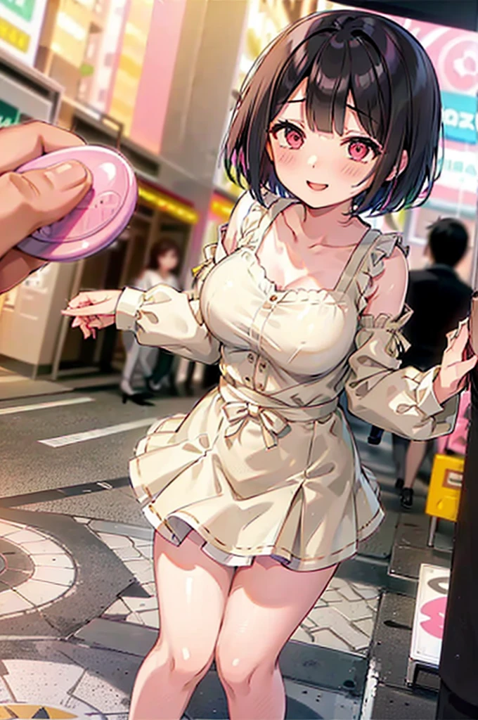 4K，One Girl, MS. end，thin，Very short stature，Very thin thighs，Blunt bangs，Short dress shirt, Half sleeves，Red Suspender Mini Skirt，blush, smile, Bobcut, Black Hair，Vibrant colors, ahegao，A lot of love juice drips down her thighs onto the floor，(remote_play))，remote-vibrating-egg，((Someone else's hand holding a pink round remote control:1.3))、Ecstatic expression，Accurate and detailed female fingers，nsfw