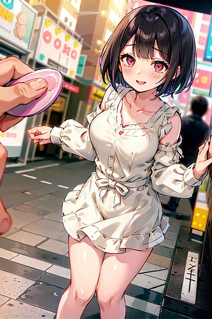 4K，One Girl, MS. end，thin，Very short stature，Very thin thighs，Blunt bangs，Short dress shirt, Half sleeves，Red Suspender Mini Skirt，blush, smile, Bobcut, Black Hair，Vibrant colors, ahegao，A lot of love juice drips down her thighs onto the floor，(remote_play))，remote-vibrating-egg，((Someone else's hand holding a pink round remote control:1.3))、Ecstatic expression，Accurate and detailed female fingers，nsfw