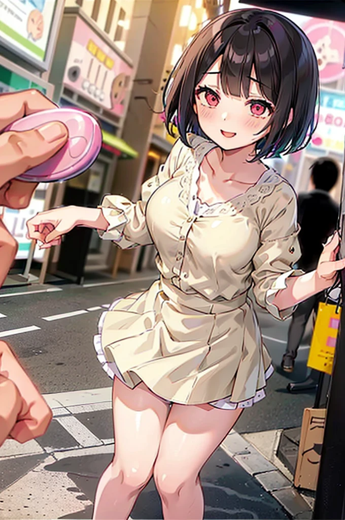 4K，One Girl, MS. end，thin，Very short stature，Very thin thighs，Blunt bangs，Short dress shirt, Half sleeves，Red Suspender Mini Skirt，blush, smile, Bobcut, Black Hair，Vibrant colors, ahegao，A lot of love juice drips down her thighs onto the floor，(remote_play))，remote-vibrating-egg，((Someone else's hand holding a pink round remote control:1.3))、Ecstatic expression，Accurate and detailed female fingers，nsfw