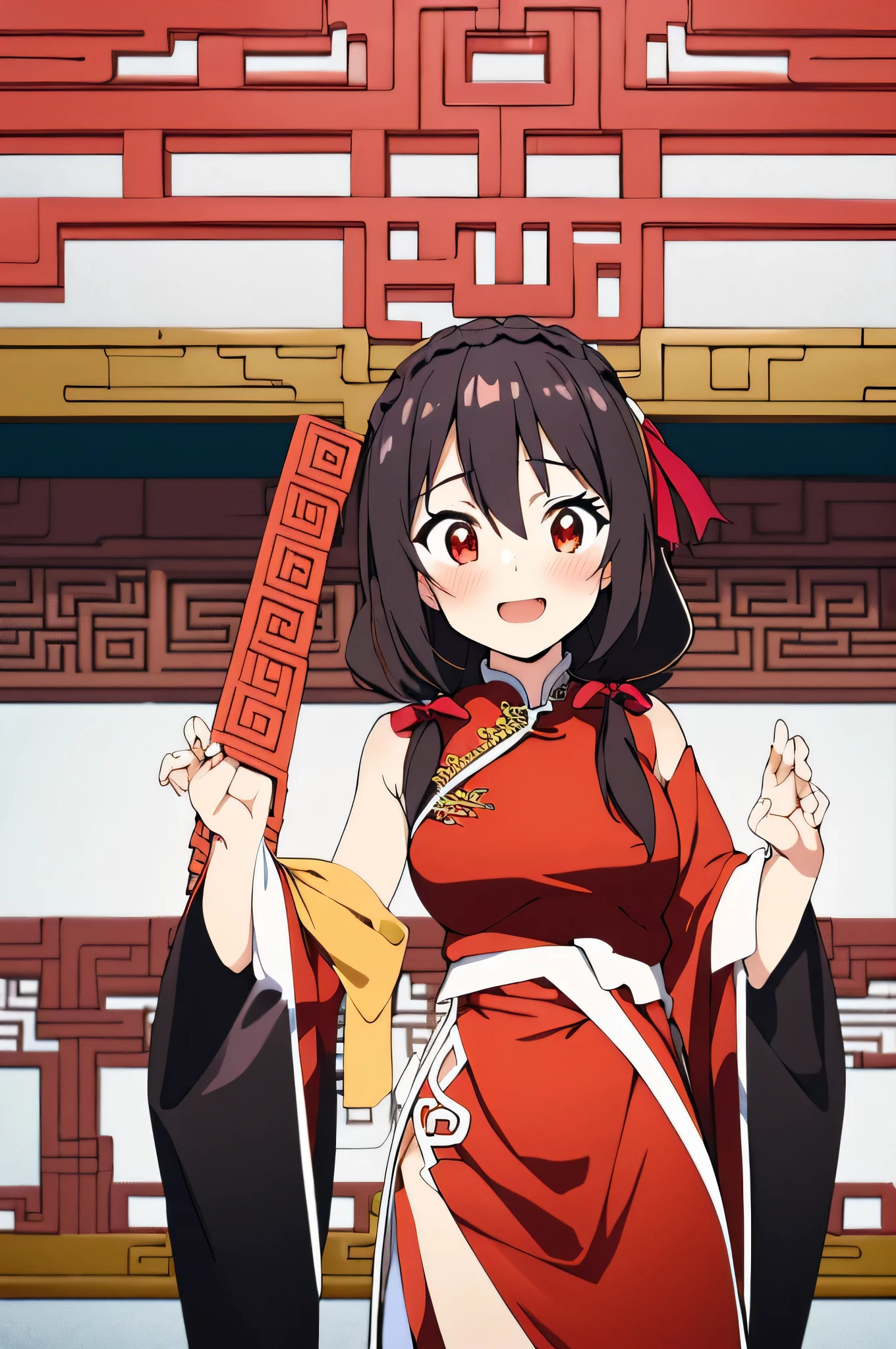 (masterpiece, Highest quality), One girl,    Yunyun,Long Hair,Braiding,Twin tails,Hair between the eyes,Red hair ribbon,hair ornaments,large round breasts,、Black Hair、Red Eyes、(Happy face:1.2)、indoor、Crown Blade,(Red Chinese Dress:1.5)、(blush:1.2)、cowboy shot