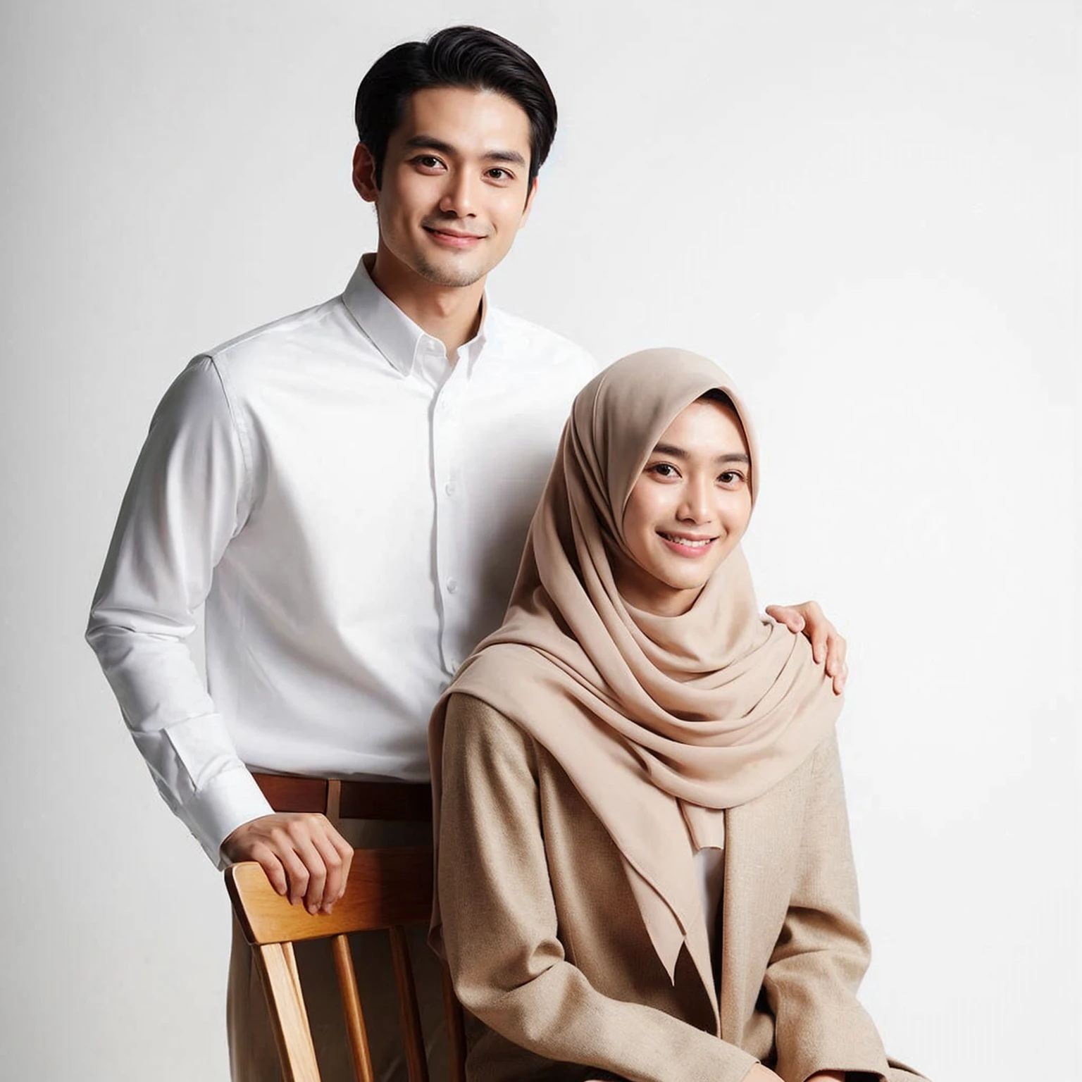 Indoor portrait, Indonesian couple, a man age 33 clean smooth face, thin body very short cuthair, a 30 women with pashmina long hiijab, both wearing formal shirt for indonesia teacher outfits, a man is standing and woman siting on tall wood chair, staring at cam, happy expression, backround white studio photo, minimalist decoration, fresh color, 8k resolution