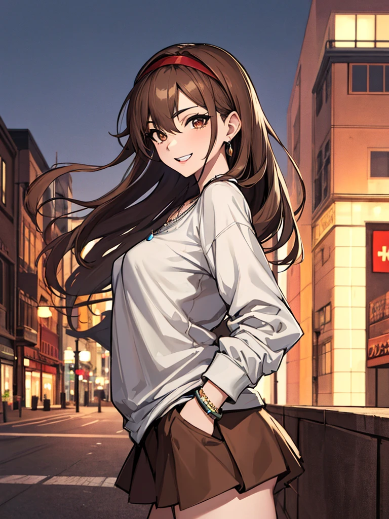 (absurdres, 8k, 4k, masterpiece, hyper extreme detailed:1.2), solo, 1girl, side view, perfect face, 1girl, portrait, looking at viewer, solo, standing, Female, toned body, mature female, small breasts, pale, brown hair, perfect eyes, perfect face, 1girl, genie, zodiac, shirt over 1 shoulder, Brown shirt, long sleeves, necklace, long Brown hair, city background, headband, Brown eyes, Brown skirt, medium bust, rings, bracelets, charismatic, crazy face, crazy eyes, crazy smile, perfect ???????, half body, cowboy shot, hands in pockets, 