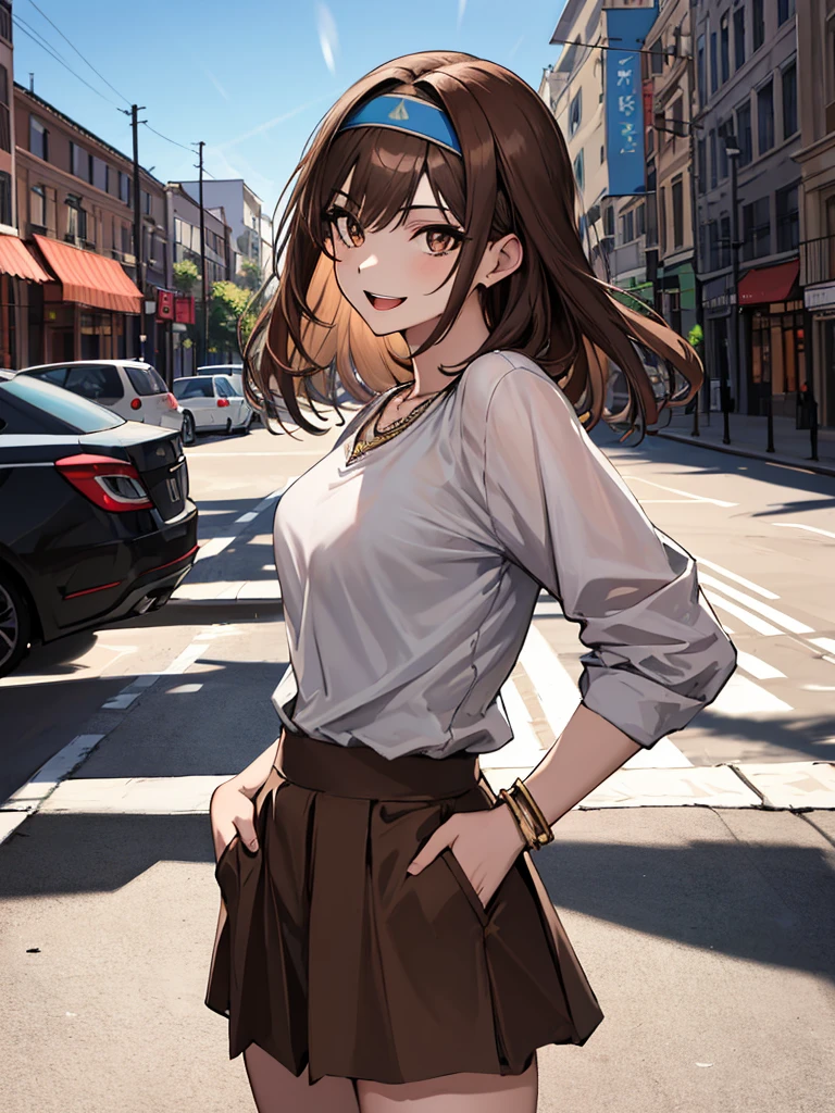 (absurdres, 8k, 4k, masterpiece, hyper extreme detailed:1.2), solo, 1girl, side view, perfect face, 1girl, portrait, looking at viewer, solo, standing, Female, toned body, mature female, small breasts, pale, brown hair, perfect eyes, perfect face, 1girl, genie, zodiac, shirt over 1 shoulder, Brown shirt, long sleeves, necklace, long Brown hair, city background, headband, Brown eyes, Brown skirt, medium bust, rings, bracelets, charismatic, crazy face, crazy eyes, crazy smile, perfect anatomy, half body, cowboy shot, hands in pockets, 