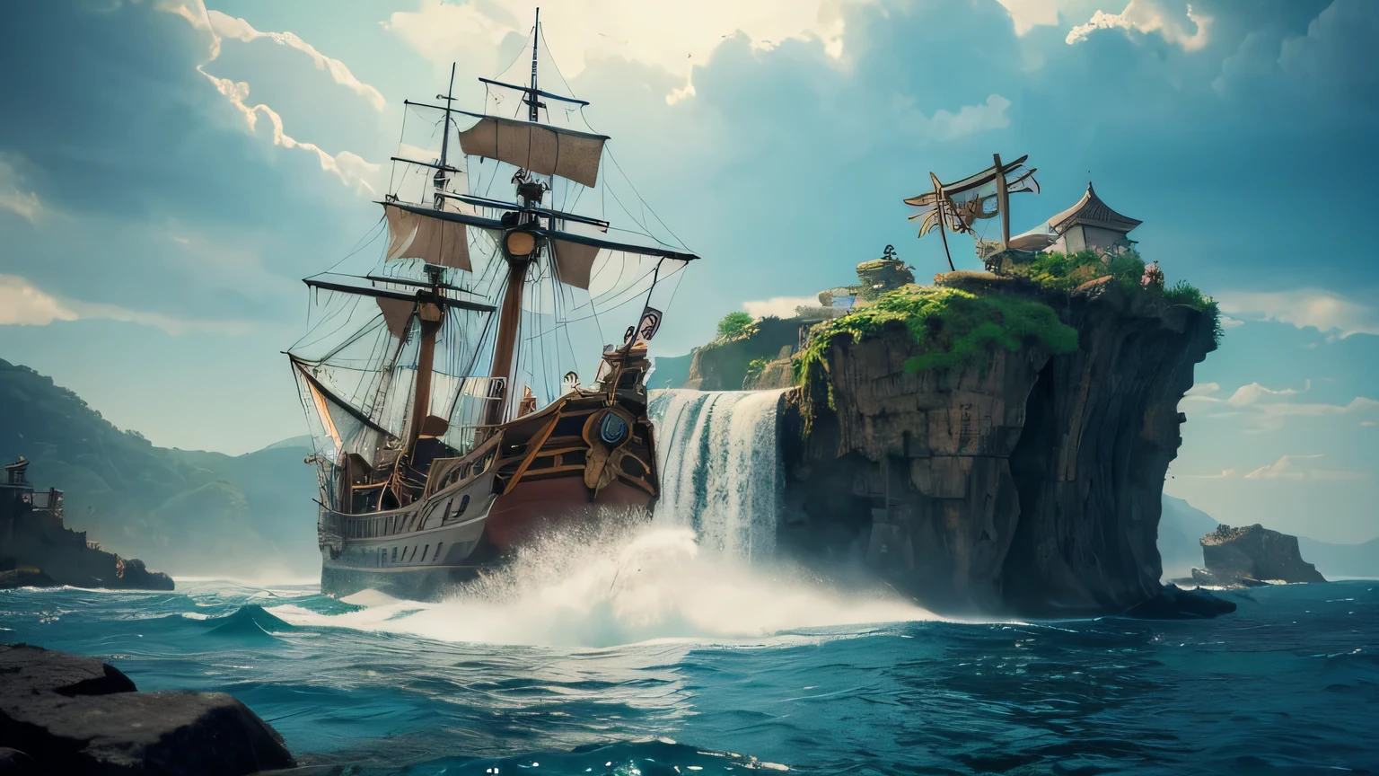 ((Masterpiece))、pirate ship、Behind it is a large waterfall cascading down a high cliff.、Decayed stone statue
