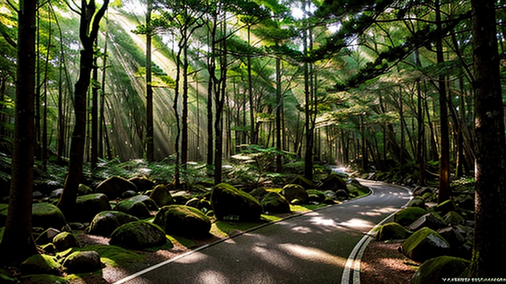 forest、Fresh greenery、Sunlight filtering through the trees、photograph、Yakushima
